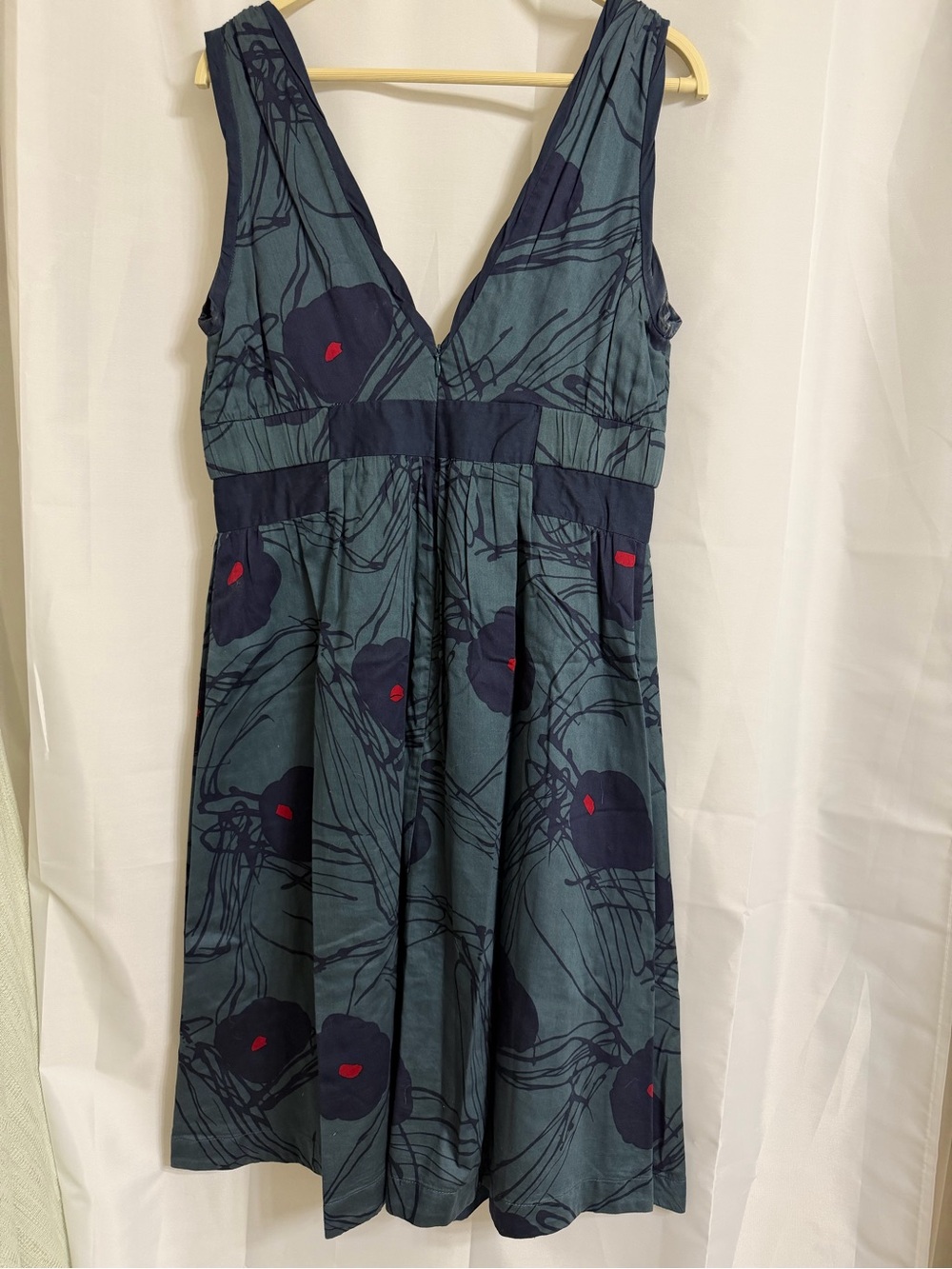 Marc Jacobs Teal and Navy Floral V-Neck Dress with Red Accents - Picture 2 of 4